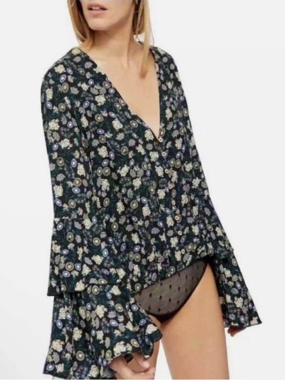 Free People Black Floral V-Neck Bell Sleeve Blouse bodysuit Large NWT